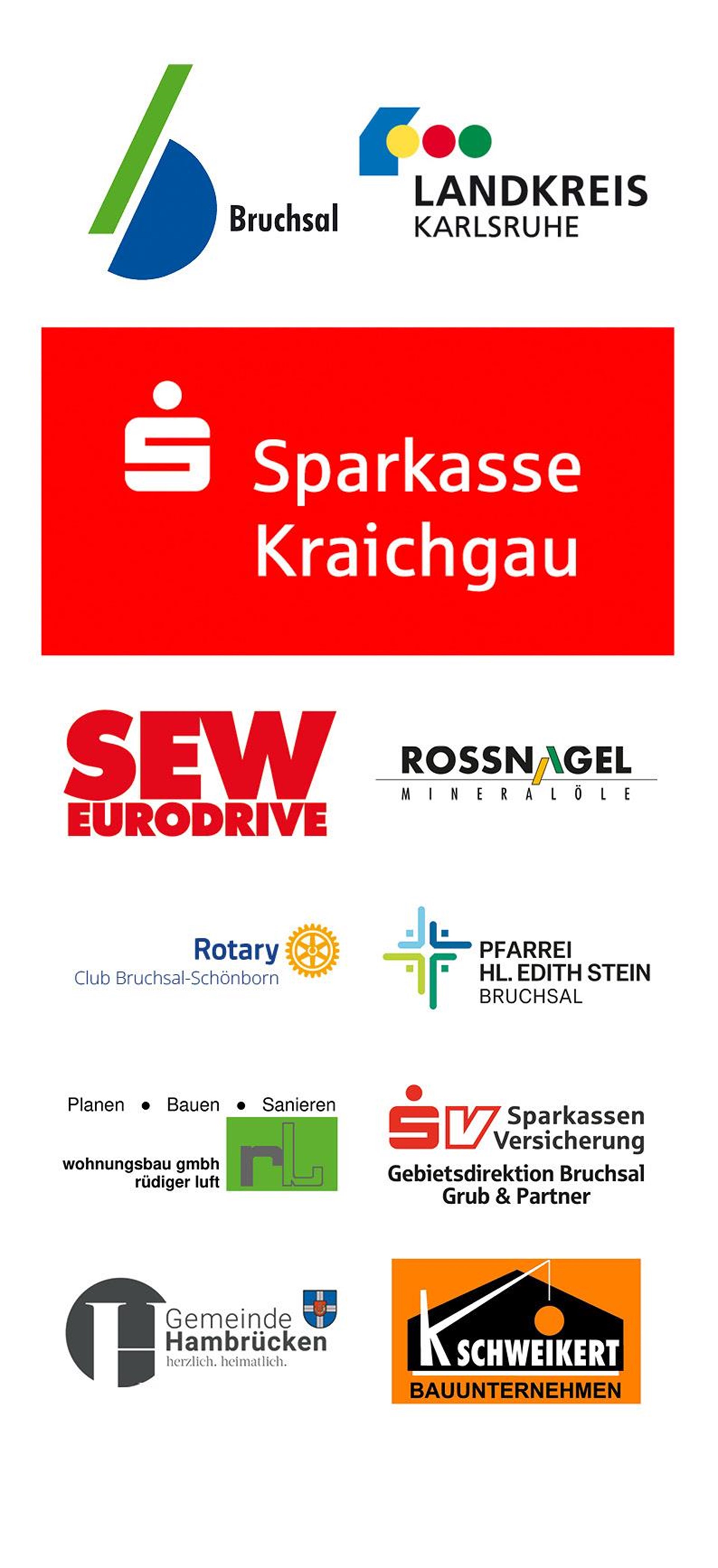 Verschiedene Sponsorenlogos: Stadt Bruchsal, Landkreis Karlsruhe, Sparkasse Kraichgau, SEW-EURODRIVE, Rossnagel Mineralöle, Rotary Club Bruchsal-Schönborn, Pfarrei Hl. Edith Stein, Wohnungsbau Rüdiger Luft, Sparkassenversicherung Gebietsdirektion Bruchsal, Gemeinde Hambrücken, Schweikert Bauunternehmen
